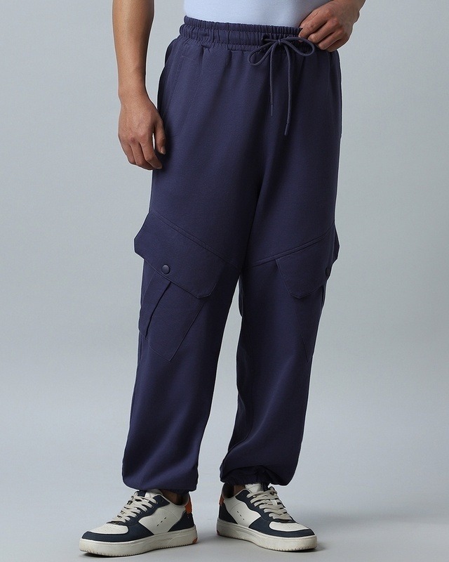 Shop Men's Blue Super Loose Fit Cargo Joggers-Front