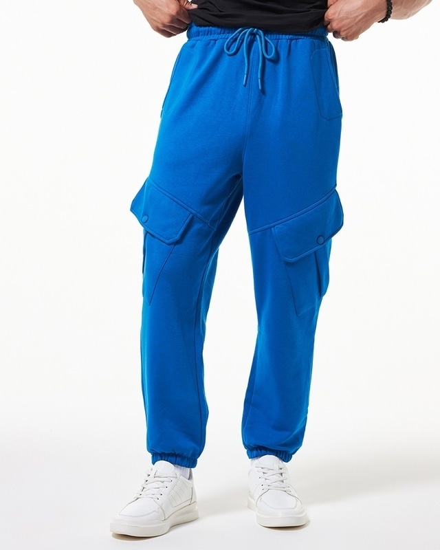 Shop Men's Blue Super Loose Fit Cargo Joggers-Front