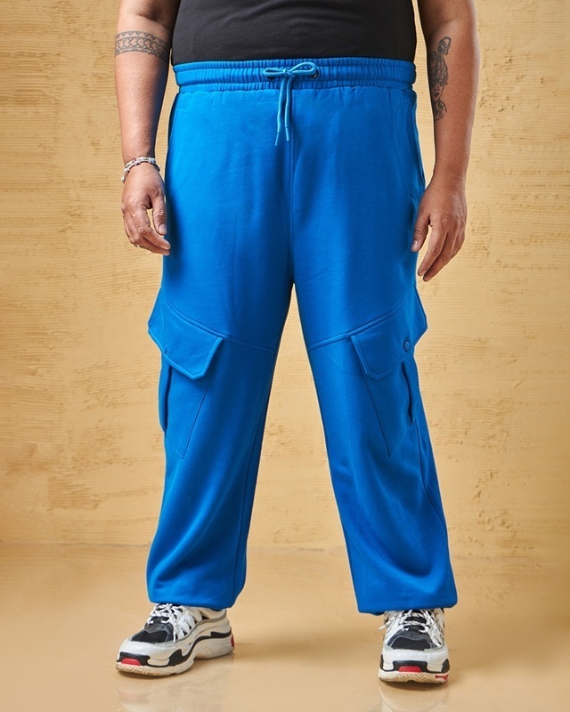 Shop Men's Blue Super Loose Fit Plus Size Cargo Joggers-Front