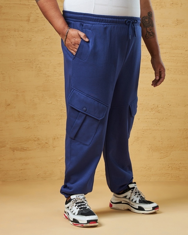 Shop Men's Blue Super Loose Fit Plus Size Cargo Joggers-Front