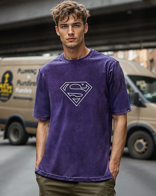 Shop Men's Blue Superman Fade Graphic Printed Oversized Acid Wash T-shirt-Front