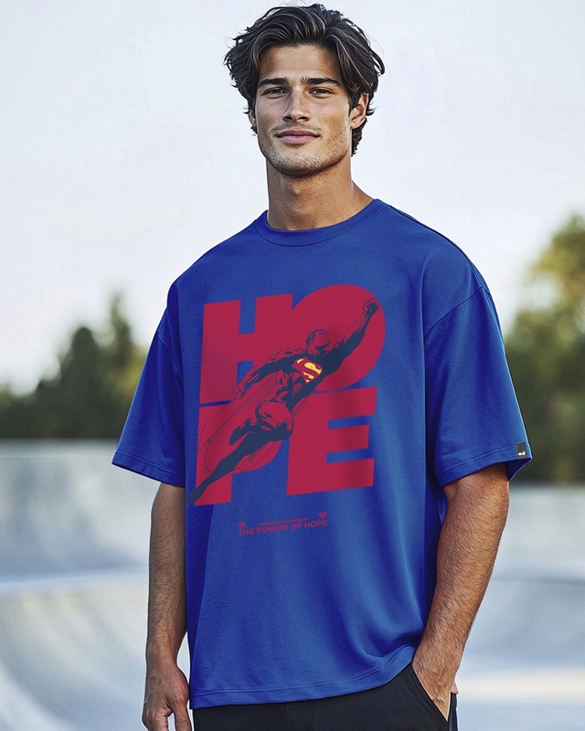 Shop Men's Blue Superman Graphic Printed Oversized T-shirt-Front