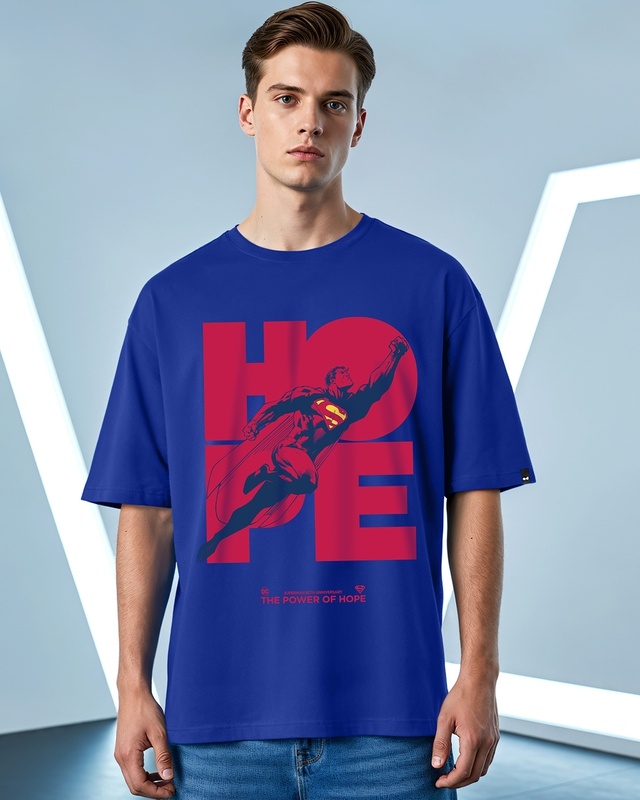Shop Men's Blue Superman Graphic Printed Oversized T-shirt-Front