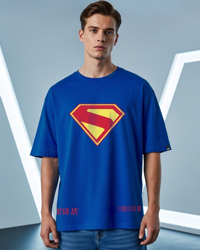 Shop Men's Blue Superman Logo Graphic Printed Oversized T-shirt-Front