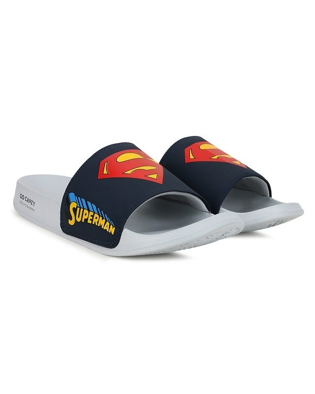 Shop Men's Blue Superman Printed Sliders-Front