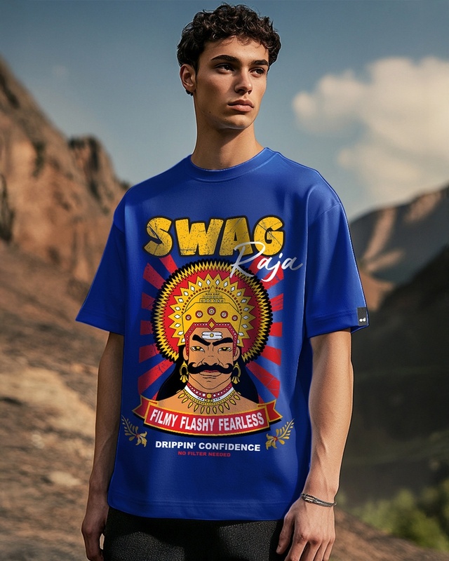 Shop Men's Blue Swag Raja Graphic Printed Oversized T-shirt-Front