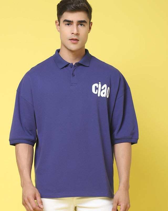Shop Men's Blue Take Care Typography Super Loose Fit Polo T-shirt-Front