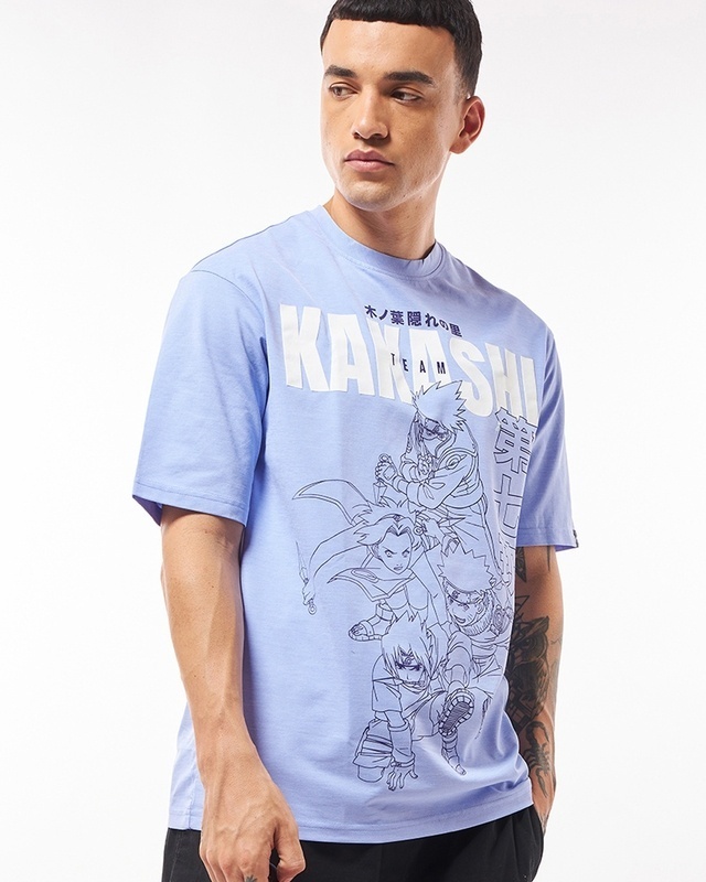 Shop Men's Blue Team Kakashi Graphic Printed Oversized T-shirt-Front