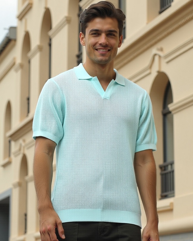 Shop Men's Blue Textured Flatknit Polo T-shirt-Front