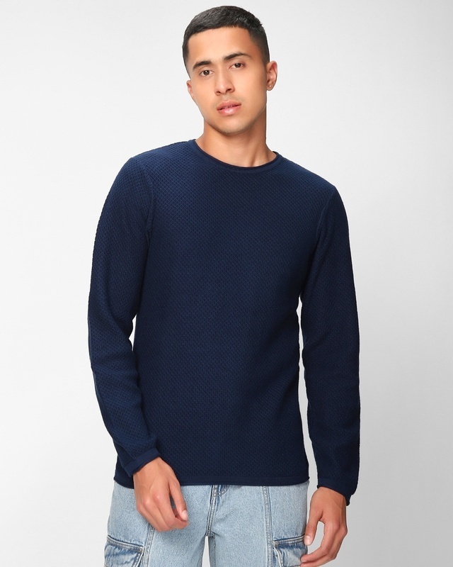 Shop Men's Blue Textured Sweater-Front