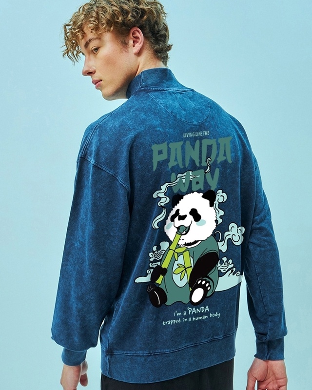 Shop Men's Blue The Panda Way Graphic Printed Oversized Sweatshirt-Front