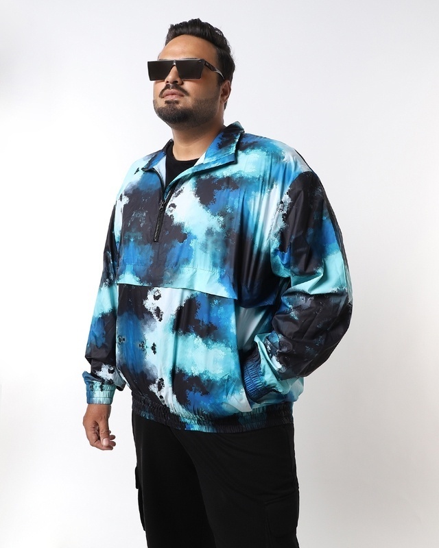 Shop Men's Blue & Black Tie & Dye Oversized Plus Size Windcheater Jacket-Front