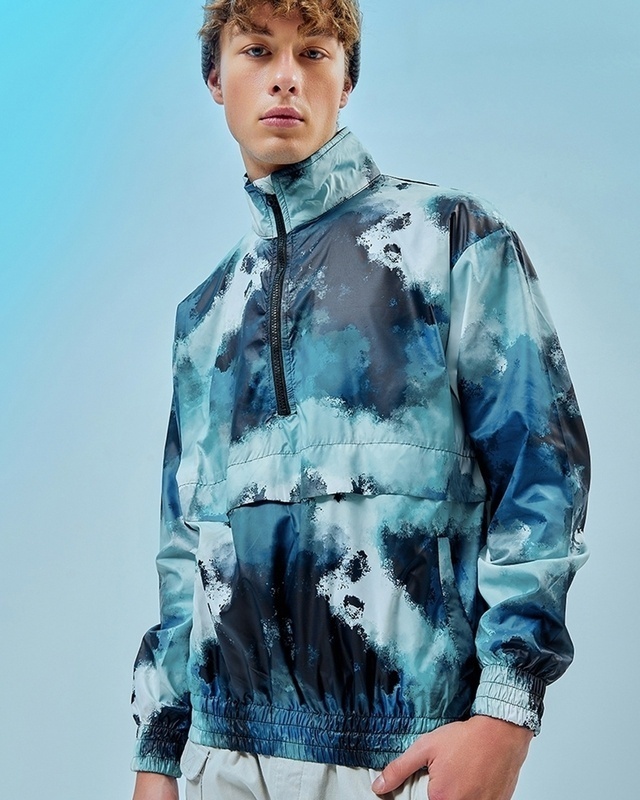 Shop Men's Blue Tie & Dye Oversized Windcheater Jacket-Front