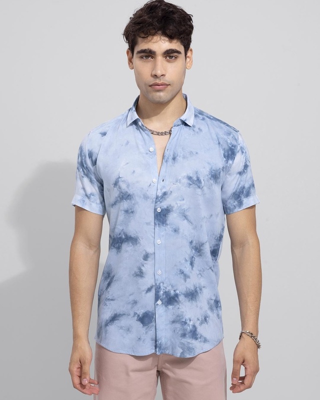 Shop Men's Blue Tie & Dye Slim Fit Shirt-Front