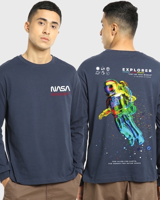 Shop Men's Blue Too Alien For Earth Graphic Printed Oversized T-shirt-Front