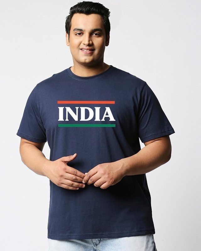 Shop Men's Blue Tri Color India Typography Plus Size T-shirt-Front