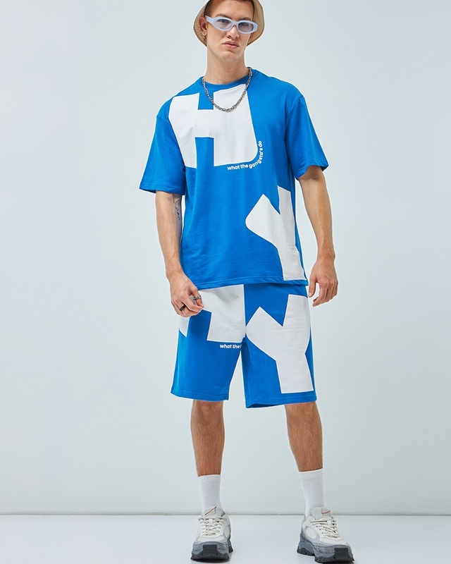 Shop Men's Blue Typography Oversized Co-ordinates-Front