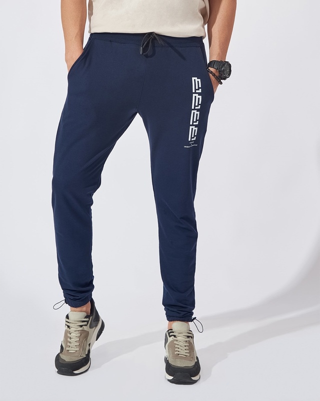 Shop Men's Blue Typography Slim Fit Joggers-Front