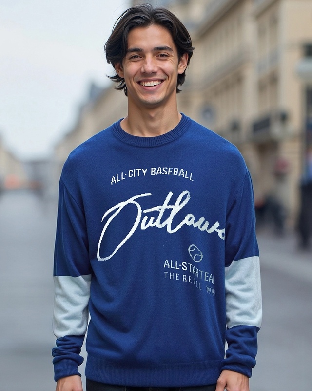Shop Men's Blue Typography Super Loose Fit Sweater-Front