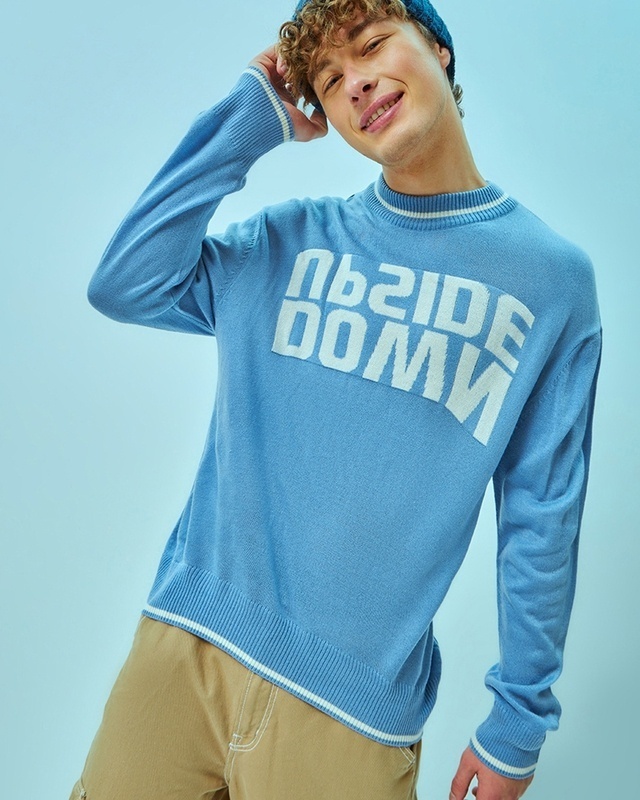 Shop Men's Blue Upside Down Typography Flatknit Sweater-Front