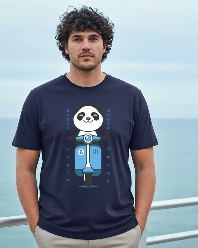 Men's Blue Vroom Panda Graphic Printed Plus Size T-shirt-Front Bewakoof Shop Men's Blue Vroom Panda Graphic Printed Plus Size T-shirt-Front