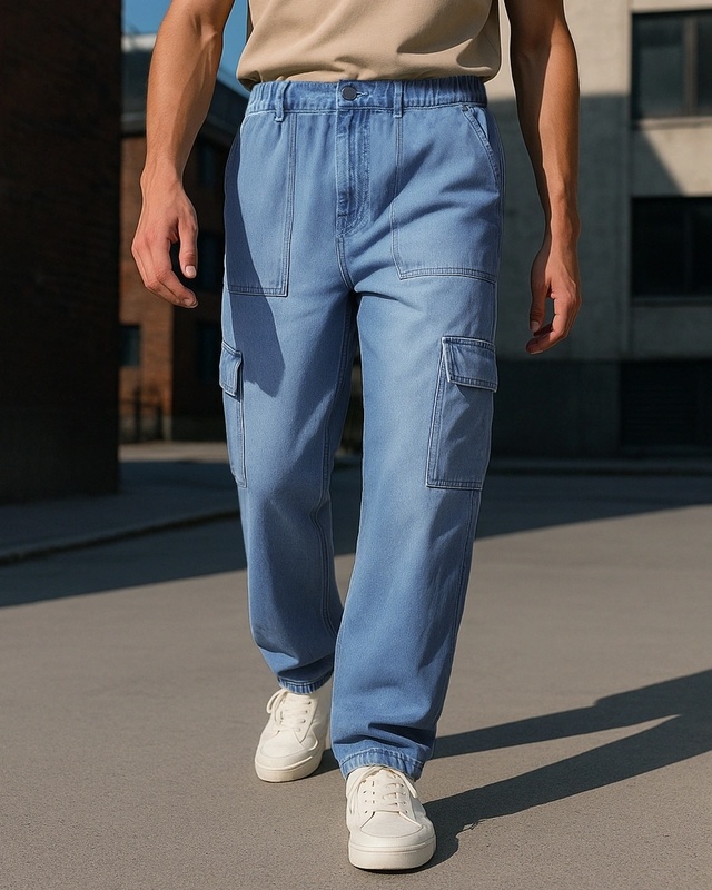 Men's Blue Washed Baggy Fit Cargo Mid- Rise Jeans-Front Bewakoof Shop Men's Blue Washed Baggy Fit Cargo Mid- Rise Jeans-Front