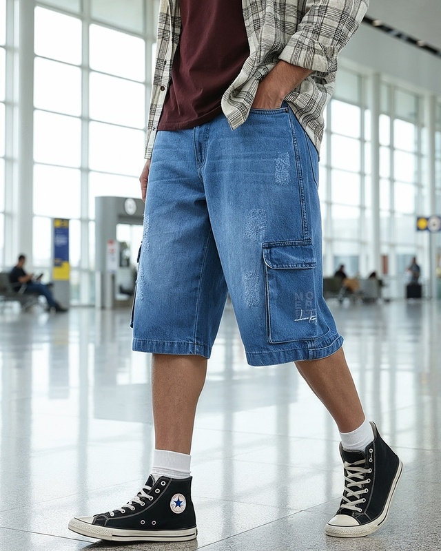 Shop Men's Blue Washed Baggy Fit Cargo Shorts-Front