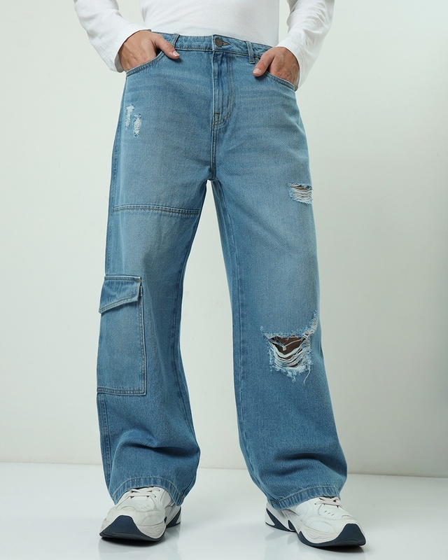 Men's Blue Washed Baggy Fit Distressed Cargo Mid-Rise Jeans-Front Bewakoof Shop Men's Blue Washed Baggy Fit Distressed Cargo Mid-Rise Jeans-Front