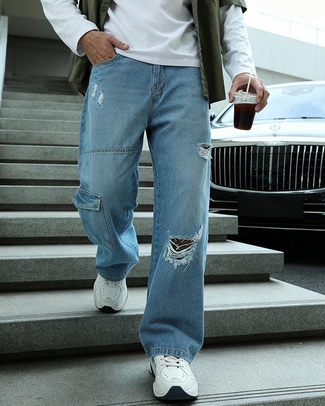 Shop Men's Blue Washed Baggy Fit Distressed Cargo Mid-Rise Jeans-Front