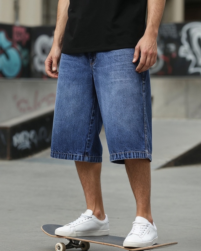 Shop Men's Blue Washed Baggy Fit Shorts-Front