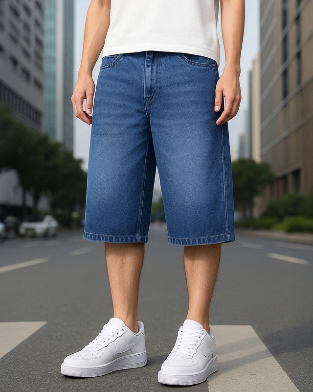Shop Men's Blue Washed Baggy Fit  Shorts-Front