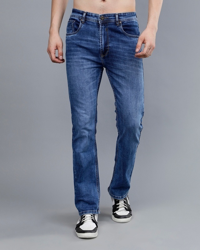 Shop Men's Blue Washed Bootcut Jeans-Front