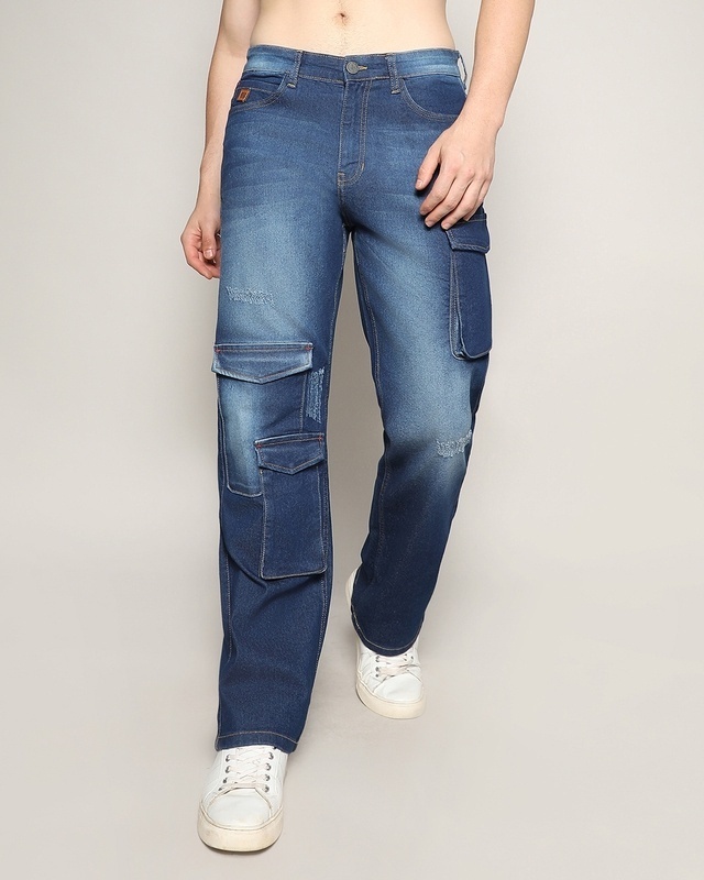 Shop Men's Blue Washed Relaxed Fit Cargo Jeans-Front