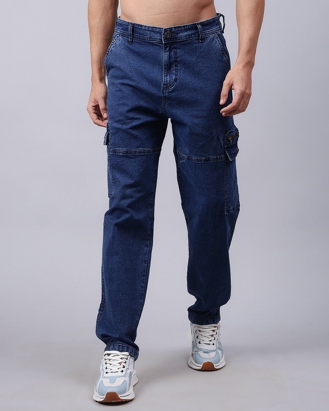 Shop Men's Blue Washed Cargo Jeans-Front