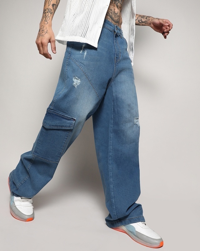 Shop Men's Blue Washed Distressed Oversized Cargo Jeans-Front