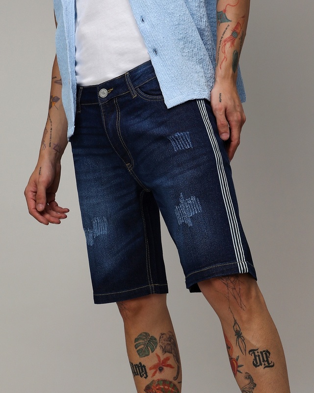 Shop Men's Blue Washed Distressed Denim Shorts-Front