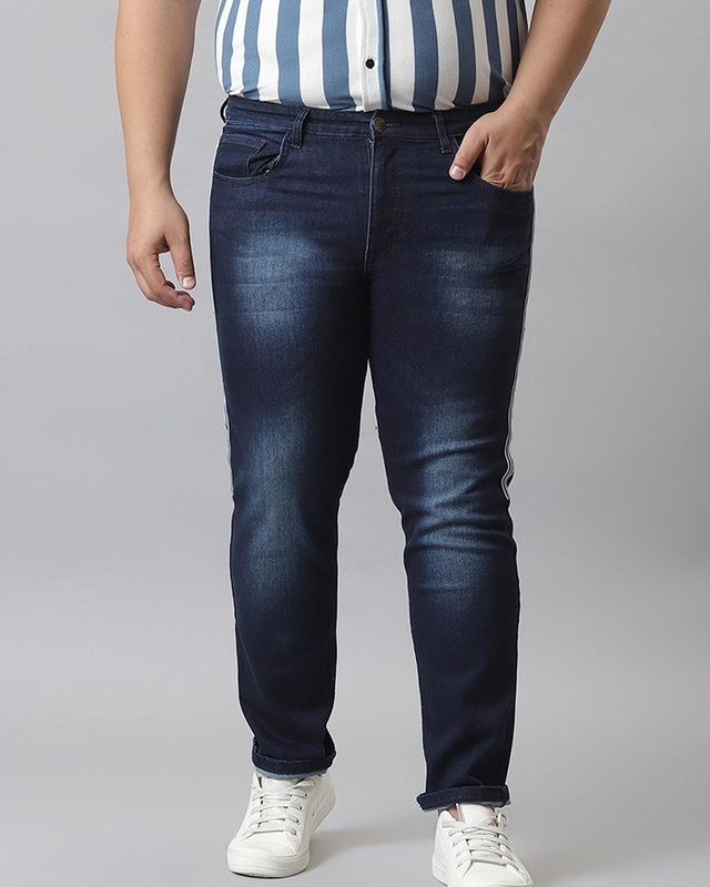 Shop Men's Blue Washed Plus Size Jeans-Front