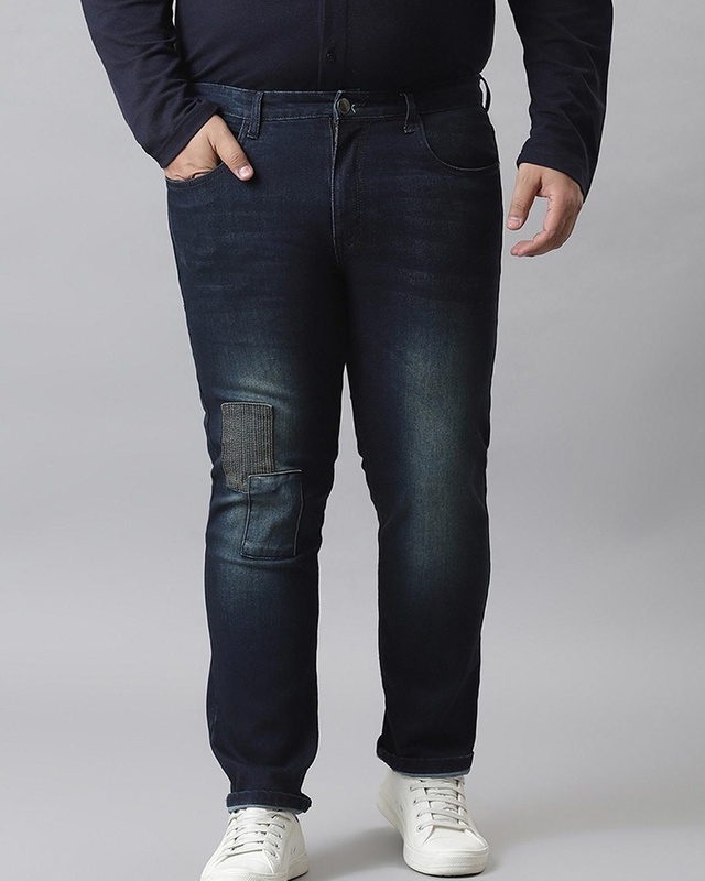 Shop Men's Blue Washed Plus Size Jeans-Front