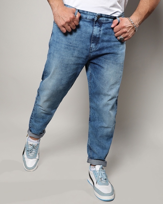 Shop Men's Blue Washed Oversized Plus Size Jeans-Front