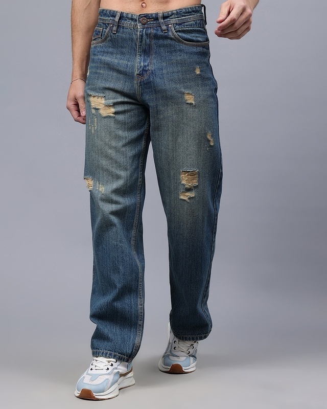 Shop Men's Blue Washed Relaxed Fit Distressed Jeans-Front