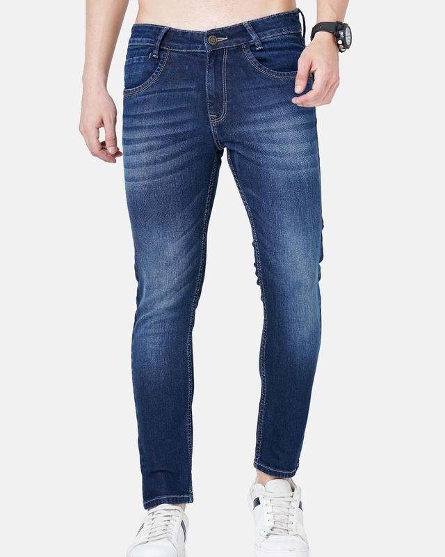 Shop Men's Blue Washed Skinny Fit Jeans-Front