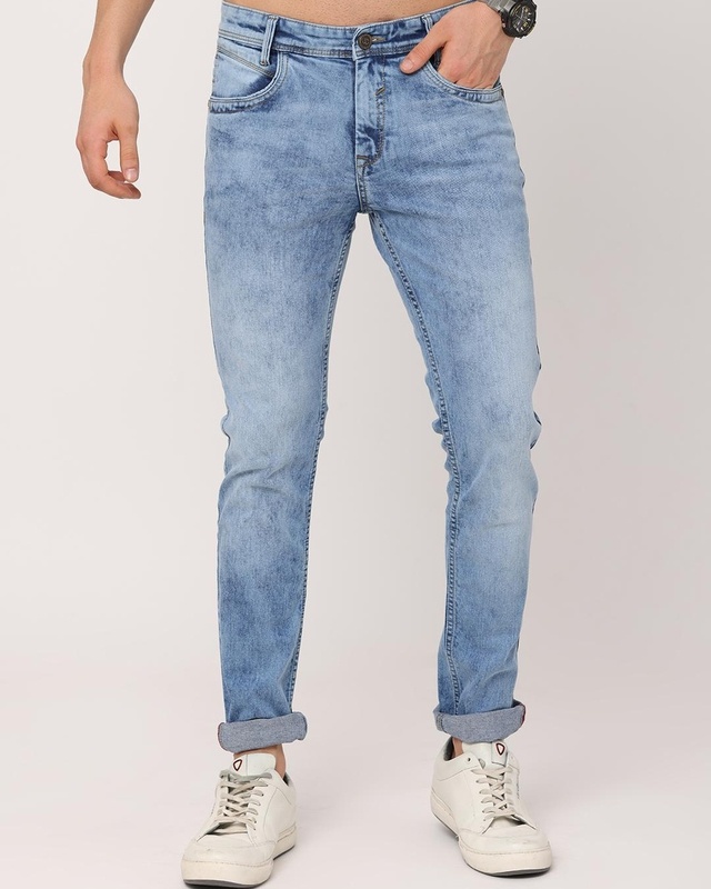 Shop Men's Blue Washed Slim Fit Jeans-Front