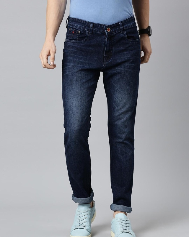 Shop Men's Blue Washed Slim Fit Jeans-Front