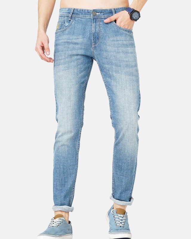 Shop Men's Blue Washed Slim Fit Jeans-Front