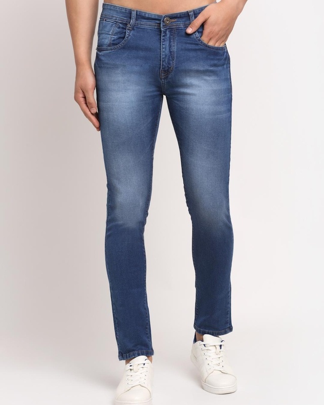 Shop Men's Blue Washed Slim Fit Jeans-Front