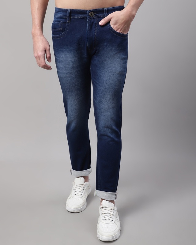 Shop Men's Blue Washed Slim Fit Jeans-Front