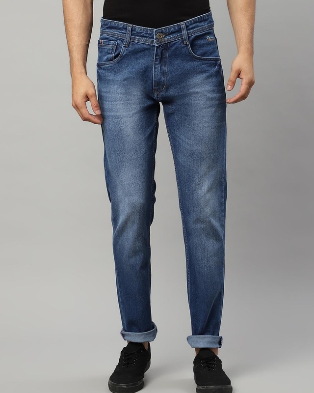 Shop Men's Blue Washed Slim Fit Jeans-Front