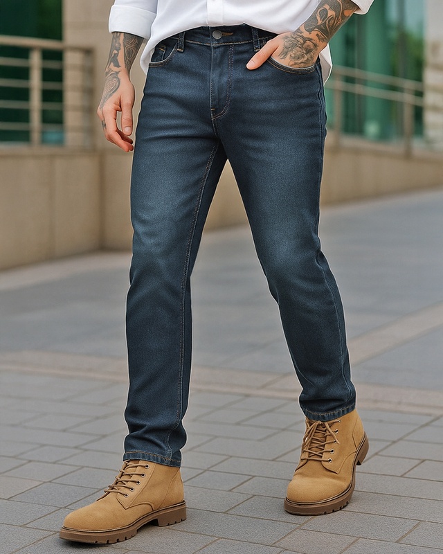 Shop Men's Blue Washed Slim Straight Fit Stretchable Jeans-Front
