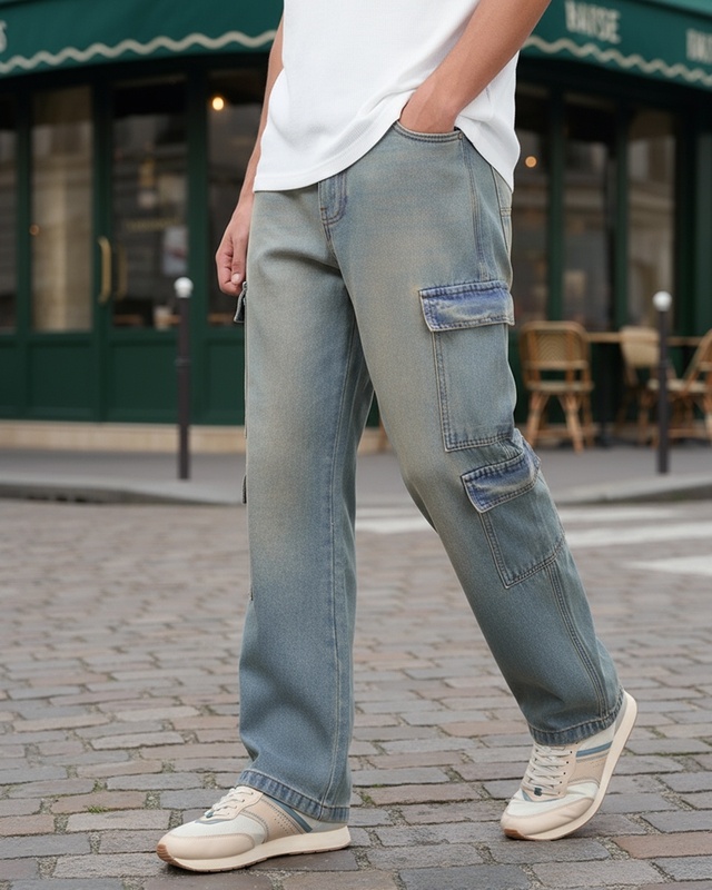 Shop Men's Blue Washed Straight Fit Cargo Jeans-Front