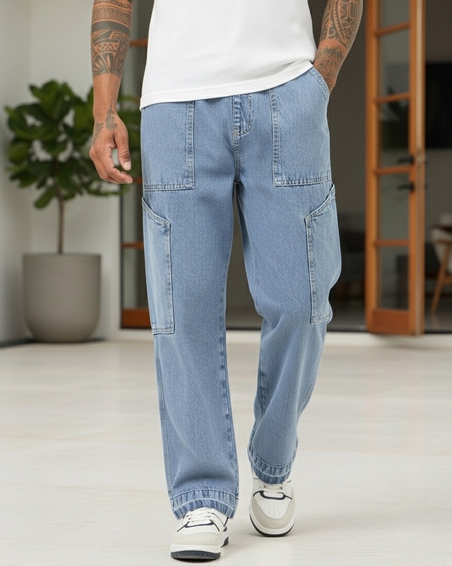 Men's Blue Washed Straight Fit Cargo Mid-Rise Jeans-Front Bewakoof Shop Men's Blue Washed Straight Fit Cargo Mid-Rise Jeans-Front